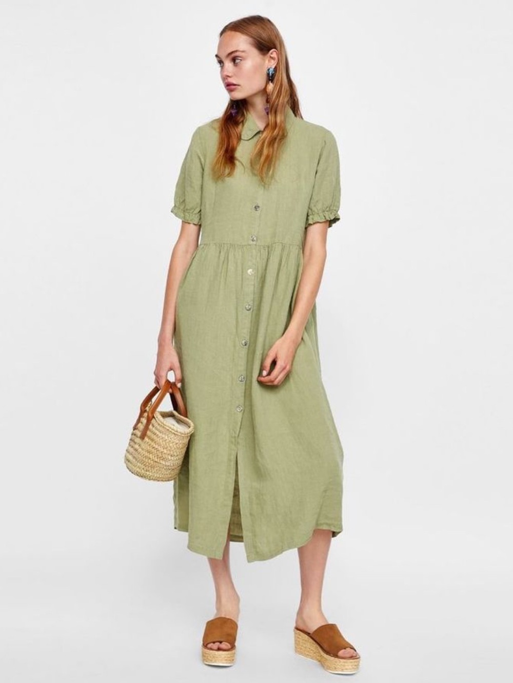 Zara Button-Front Linen Midi Dress Puff Sleeves Cottagecore Relaxed Size Medium